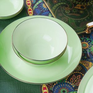 étkészlet | Kínai porcelán étterem használatra készült zöld porcelán tányér, nagy méretű, lapos tál, étkezési tál, sekély tál, otthoni elegáns, prémium minőség. étkészlet étkészlet